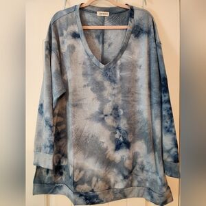 Larace Women's Blue Tie-dye Vneck Sweatshirt New 2X Coastal Athleisure Stretchy